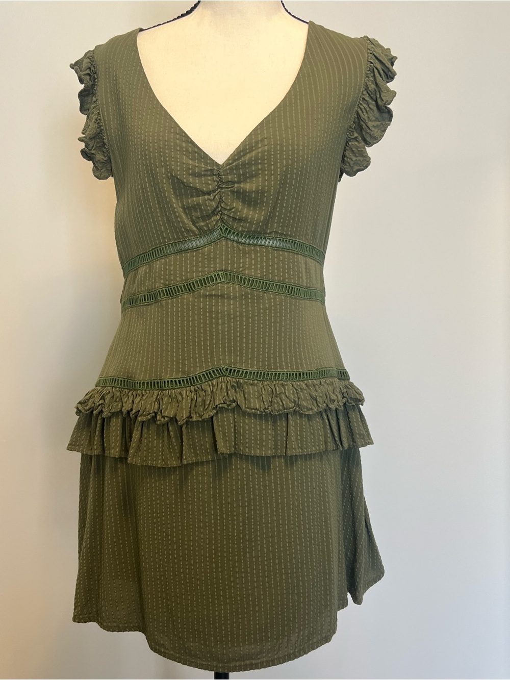Amari Boutique Olive Green Pinstripe Ruffle Mini Dress Crochet Lace Trim V-Neck